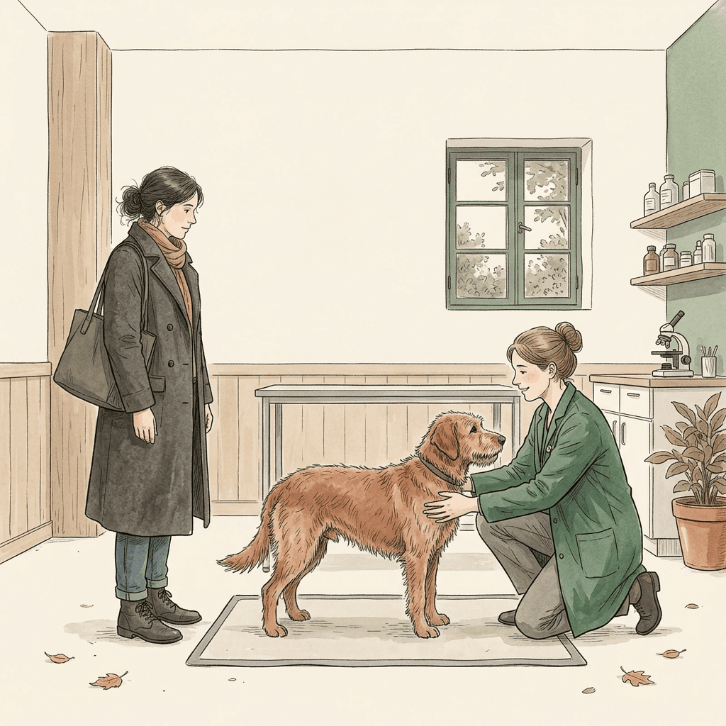 The owner and her dog meet a veterinary oncologist in a quiet exam room
