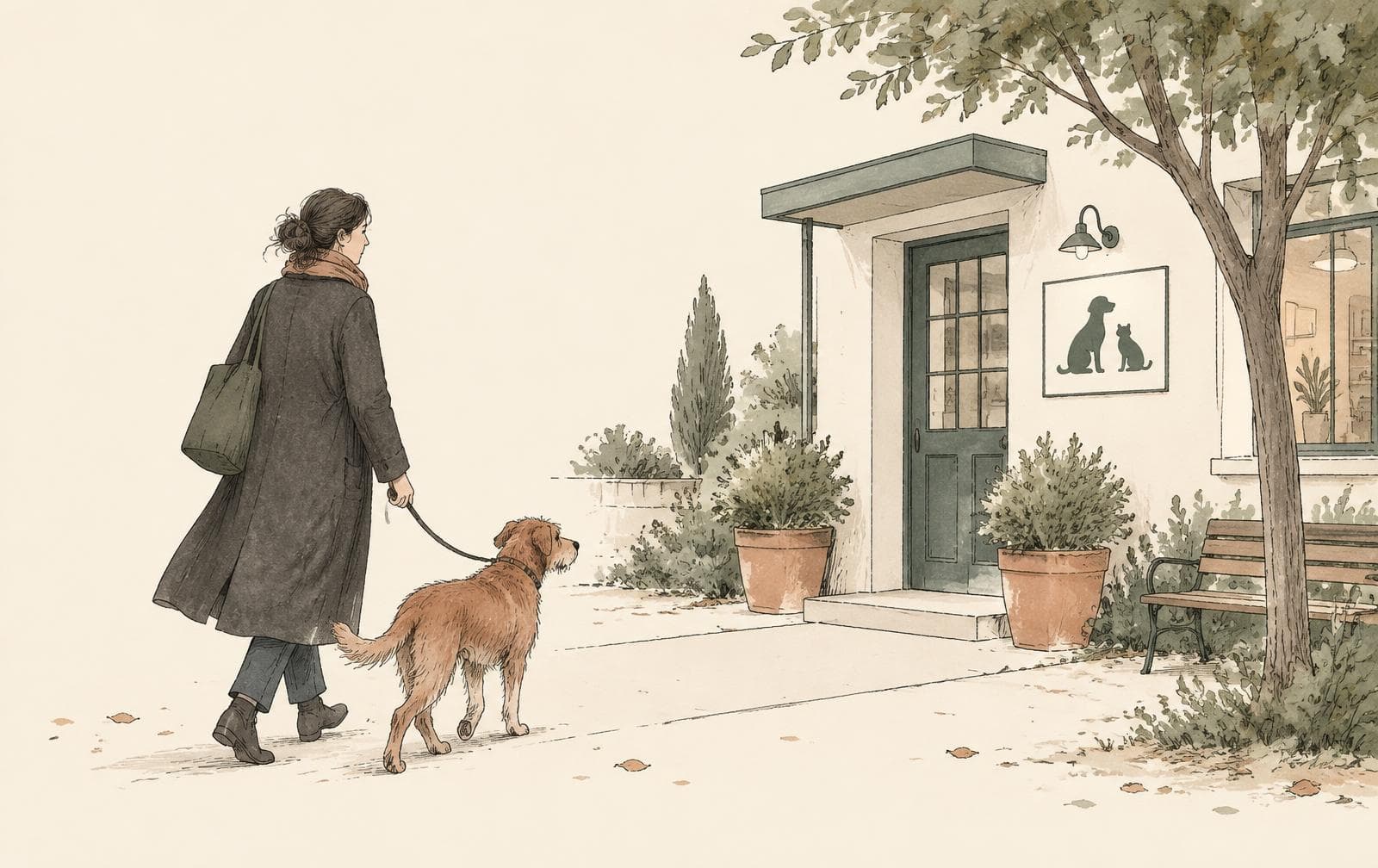A woman walks her scruffy brown dog toward a small veterinary clinic