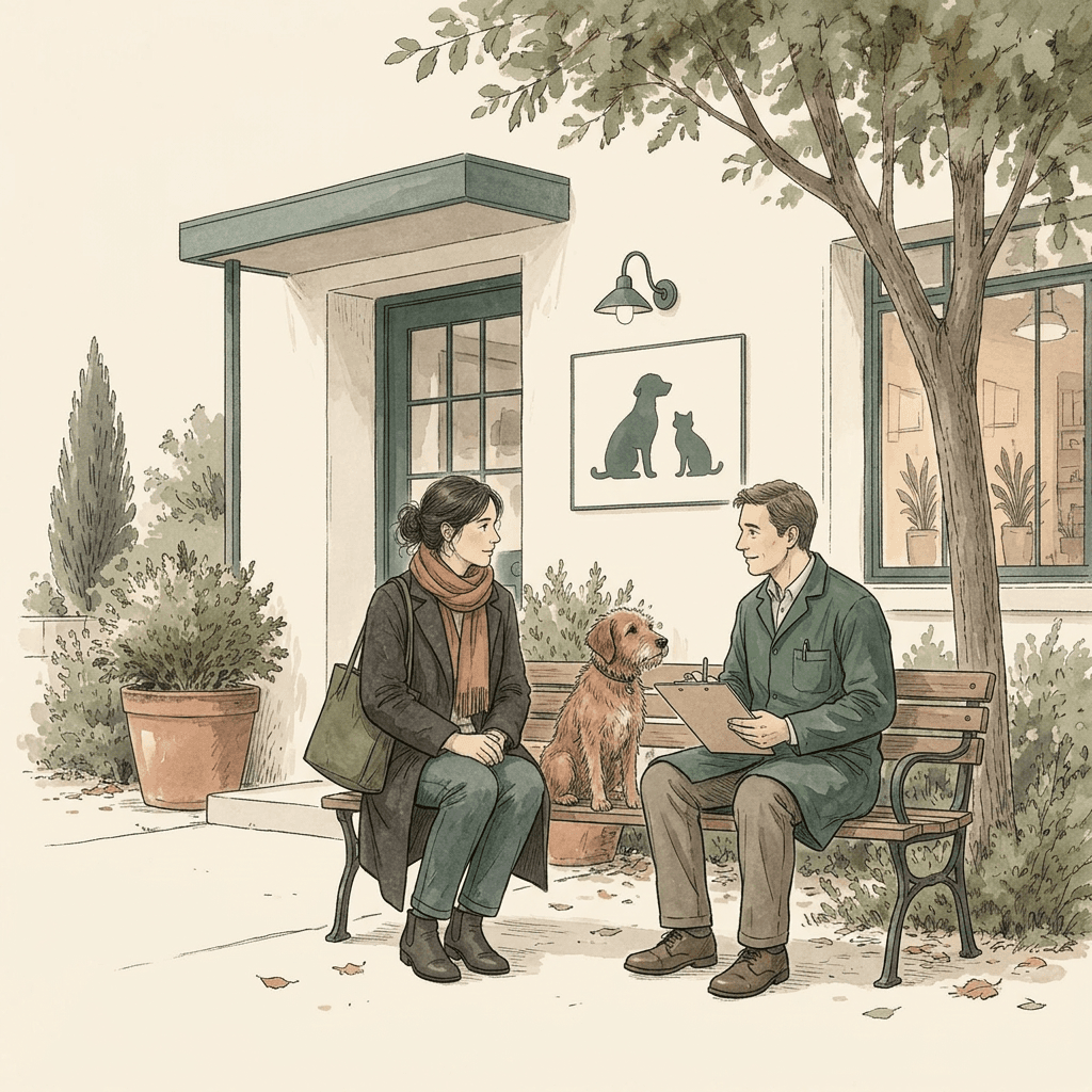 The same dog, owner and veterinarian talk on a bench outside the clinic