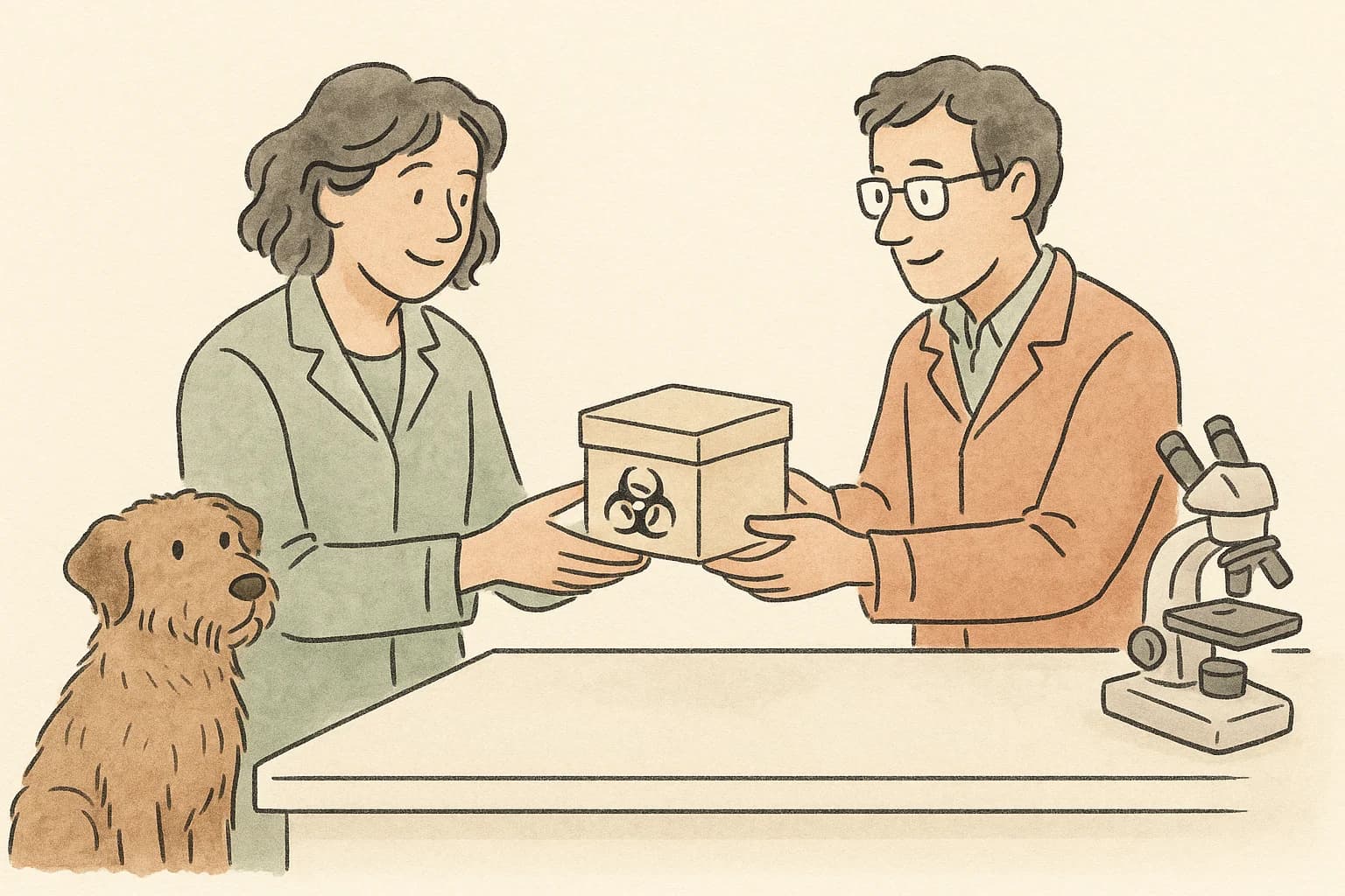 A veterinarian and researcher coordinate a sample handoff beside a dog.
