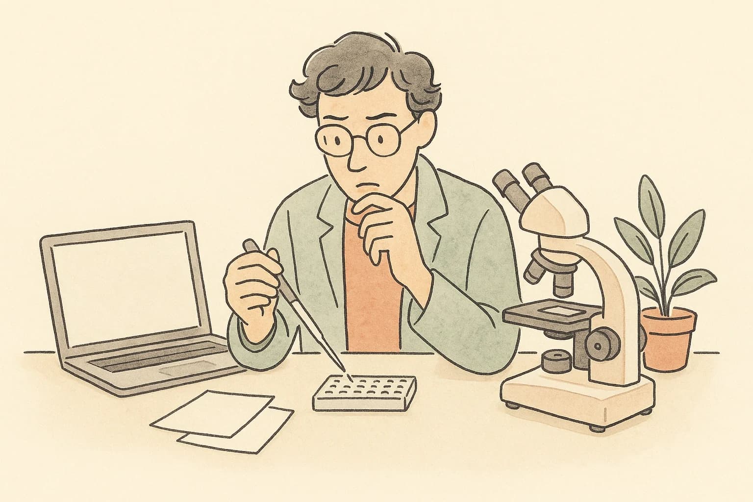 A researcher connects computational work with laboratory testing at a bench.