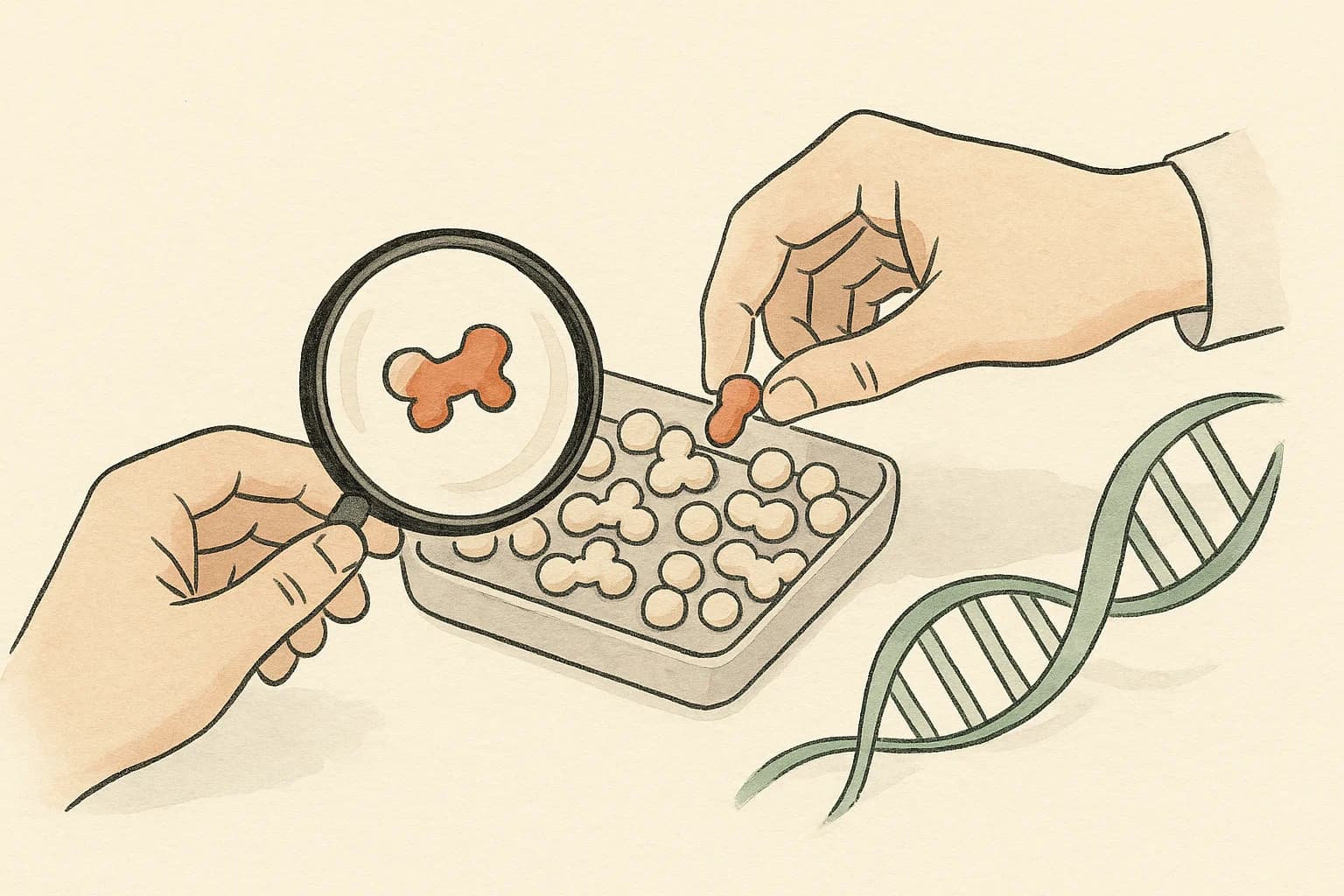 A researcher selects one distinctive candidate bead beside a magnifying glass and a DNA ribbon.