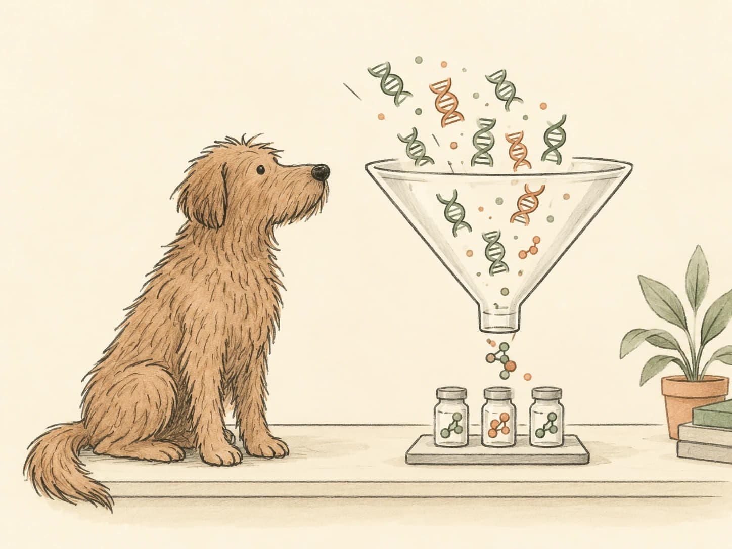 A shaggy golden dog watches a funnel narrowing sage and terracotta DNA symbols into three candidate vaccine vials on cream paper.